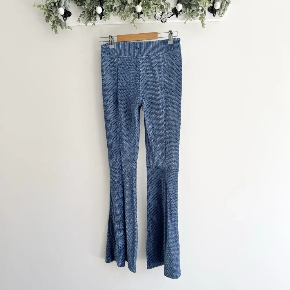 Free People Blue Velvet Eventide Flare Ribbed Pants New XS Elastic Waist TS